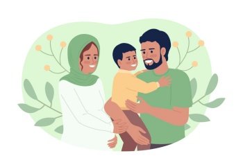 Cheerful young family flat concept vector spot illustration. Editable 2D cartoon characters on white for web design. Pregnant mother and father carrying son creative idea for website, mobile, magazine. Cheerful young family flat concept vector spot illustration
