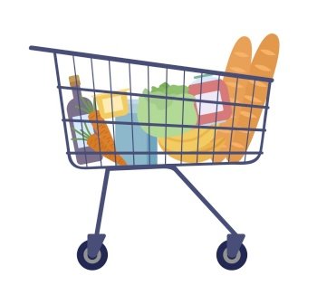 Shopping cart with food from supermarket semi flat color vector object. Editable icon. Full sized element on white. Simple cartoon style spot illustration for web graphic design and animation. Shopping cart with food from supermarket semi flat color vector object