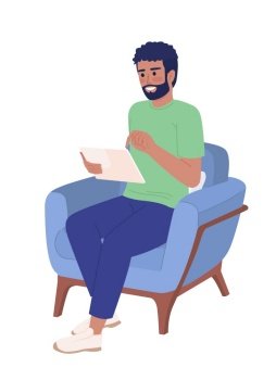 Bearded man with tablet device in armchair semi flat color vector character. Editable figure. Full body person on white. Simple cartoon style spot illustration for web graphic design and animation. Bearded man with tablet device in armchair semi flat color vector character