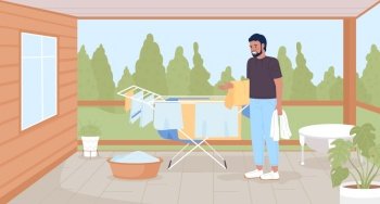 Drying clothes without dryer for energy saving flat color vector illustration. Man using rack for clean towels. Hero image. Fully editable 2D simple cartoon characters with back porch on background. Drying clothes without dryer for energy saving flat color vector illustration