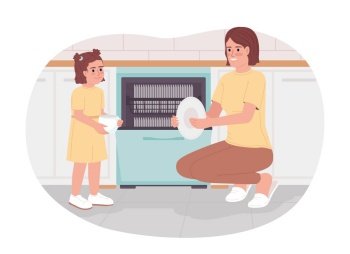 Using dishwasher to save water 2D vector isolated spot illustration. Mother with daughter washing plate flat characters on cartoon background. Colorful editable scene for mobile, website, magazine. Using dishwasher to save water 2D vector isolated spot illustration