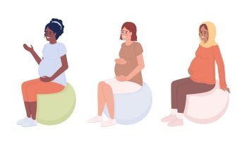 Pregnant women using birth balls semi flat color vector characters pack. Editable figures. Full body people on white. Simple cartoon style spot illustration set for web graphic design and animation. Pregnant women using birth balls semi flat color vector characters pack