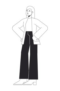 Successful female entrepreneur flat line black white vector character. Editable isolated outline full body person. Owner simple cartoon style spot illustration for web graphic design, animation. Successful female entrepreneur flat line black white vector character