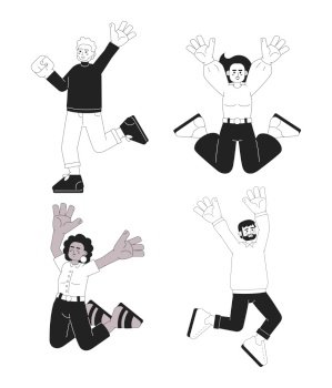 Happy people jumping monochromatic flat vector characters set. Multinational people. Raising arms up. Editable full body people on white. Simple cartoon spot illustration pack for web graphic design. Happy people jumping monochromatic flat vector characters set