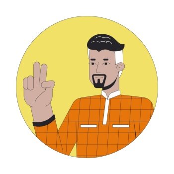Confident 40s arab man victory sign 2D line vector avatar illustration. Middle eastern businessman two fingers outline cartoon character face. Taking selfie flat color user profile image isolated. Confident 40s arab man victory sign 2D line vector avatar illustration