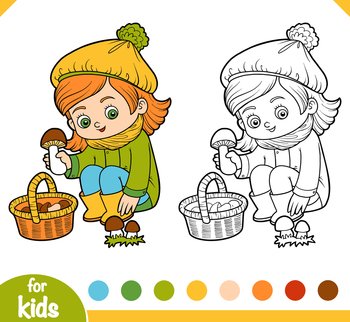 Coloring book for children, Cute little girl gathers mushrooms in a basket