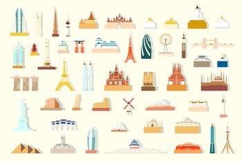 World famous architecture landmarks isolated set, Vector architectural silhouette monuments. Travel continent landmark icon and symbol monument of america, europe, asia, australia, middle east, africa