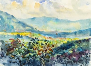 Watercolor landscape painting colorful of mountain range with forest in Panorama view and emotion rural society, nature beauty skyline background. Hand painted semi abstract illustration in Asia.