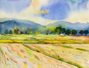 Watercolor landscape painting colorful of mountain range with cottage in Panorama view and cornfild rural society, nature beauty skyline background. Hand painted semi abstract illustration in Asia.