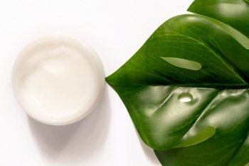 White jar of face cream on a background of monstera or Swiss cheese plant. white background, top view, flat lay. Concept natural cosmetics. White jar of face cream on a background of monstera or Swiss cheese plant. white background, top view, flat lay. Concept natural cosmetics.