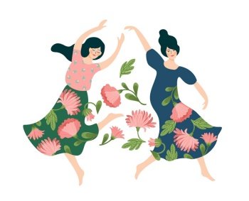 Vector isolated illustration of cute dancing women. Happyl Women s Day concept for card, poster, banner and other use. Vector isolated illustration of cute dancing women. Happyl Women s Day concept for card, poster, banner and other