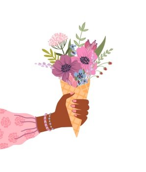 Isolated llustration bouquet of flowers in female hand. Vector design concept for holyday and other use.. Isolated llustration bouquet of flowers in female hand. Vector design concept for holyday and other