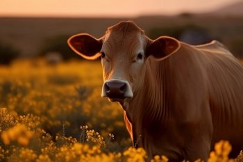 A cow on a field with some flowers created with generative AI technology