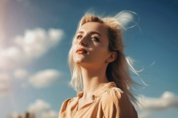 A beautiful portrait of a blonde young woman with a sunny sky background created with generative AI technology