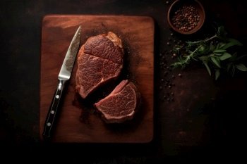 A top view on a delicious steak and a sharp knife with copy space created with generative AI technology