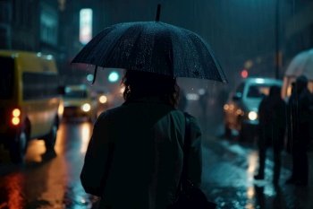 A young woman with an umbrella seen from behind walks in a modern city at night and heavy rain created with generative AI technology