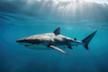 A big shark in the shallow water of the ocean created with generative AI technology