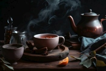 A cosy tea scenario concept with steaming tea in a cup and tea leaves created with generative AI technology