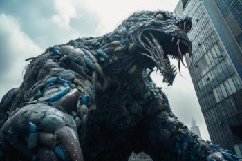 A huge monster made of plastic waste attacking a modern city created with generative AI technology