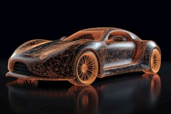 A sports car that transitions into a wireframe model created with generative AI technology