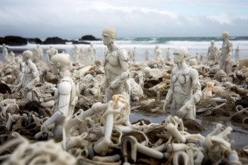 A swarm of evil plastic waste figures conquers the beach from the ocean created with generative AI technology