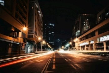 Low angle street view at night with long light trails long exposure created with generative AI technology