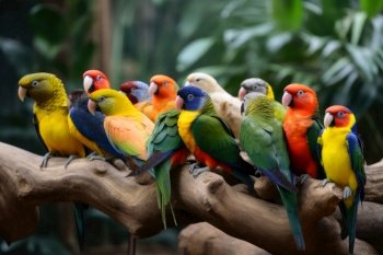 Many colourful different tropical birds sitting together on a branch created with generative AI technology