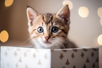 A cute kitten looking out of a present box created with generative AI technology
