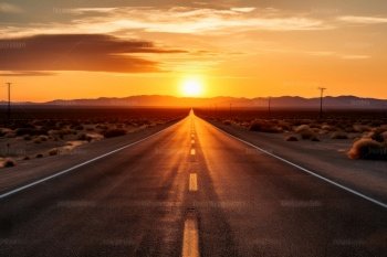 A lonely straight road in the American landscape at sunset created with generative AI technology