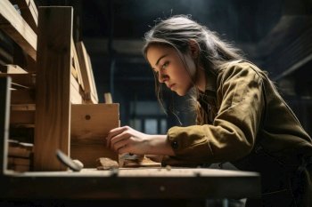 A female craftsman builds a shelf created with generative AI technology