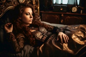 An attractive female steampunk woman cyborg laying on a bed created with generative AI technology