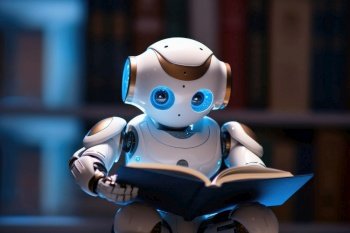 A kid AI Robot reading a book created with generative AI technology