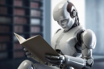 An AI Robot reading a book created with generative AI technology