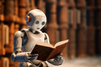 A kid AI Robot reading a book created with generative AI technology