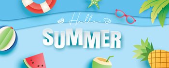 Hello summer with decoration on blue background. Paper art and craft style.