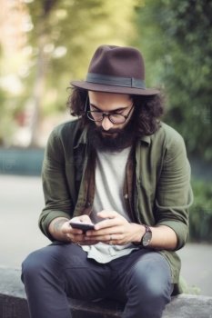Young male hipster looking at smartphones at city, AI Generative,. Young male hipster looking at smartphones at city, AI Generative