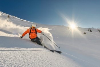 Skier in virgin powder on a sunny day