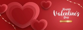 Happy Valentine’s day poster or banner template. beautiful paper cut red hearts with decorative lights on pink background. place for text. vector design.
