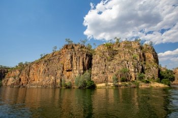 Cliffs of the Nitmiluk (Katherine) Gorge carved trough ancient sandstone, in Nitmiluk (Katherine Gorge) National Park, Northern Territory, Australia