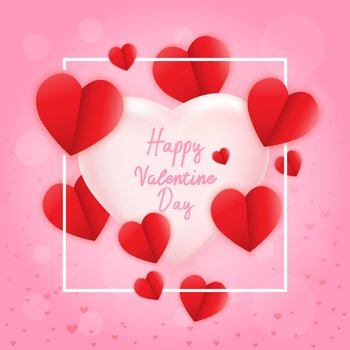 Love for Valentine's day. Happy valentines day and weeding design Paper heart. Vector illustration. Pink Background With Ornaments, Hearts. Doodles and curls. Be my Valentine