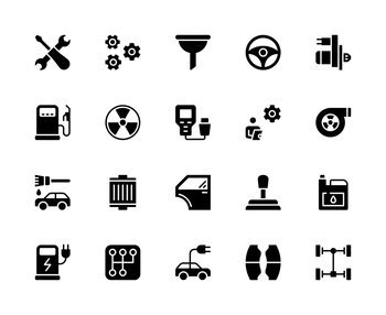 Auto maintenance vector silhouette icons set. Car service. Gear, steering wheel, starter, gas station, fan, master, car painting, filter, gear knob and much more. Collection of car service icons.