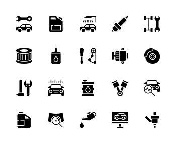 Auto service vector silhouette icons set. Car service. Car wash, candle, adjustment, filter, wheel change, vulcanization, oil, tuning, generator, brake and much more. Collection of car service icons.