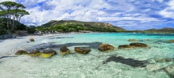 Best beaches of Corsica island - beautiful scenic Tamaricciu with crystal turquoise waters. tropical sea landscape