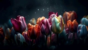 Natural Background with Multicolored Tulips with Raindrops on Dark, Generative AI. Natural Background with Multicolored Tulips