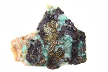 golden mineral with malachite isolated on the white background
