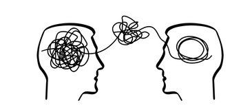 Cartoon brainstorming and mental problem solving, psychotherapy Concept. Complete and total confusion or lack of order. Brains with tangled knot and order in one man’s head. Scribbles. Chaos path.