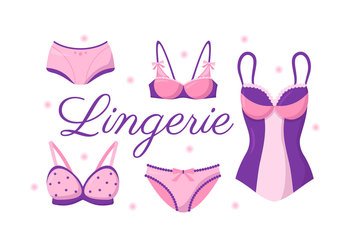 Collection of Stylish Woman Lingerie, Bra and Undies Underwear with Pink and Purple Color on Flat Cartoon Hand Drawn Templates Illustration