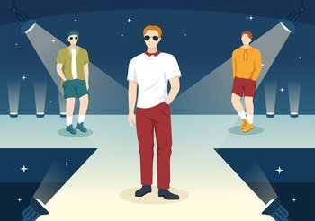 Fashion Men Show with Catwalk Male Models Display Clothes on Runway in Modern Trendy Outfits on Flat Cartoon Hand Drawn Templates Illustration
