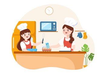 Cooking School With Kids and Teacher in a Class Learning to Learn Cooks Homemade Food on Flat Cartoon Hand Drawn Templates Illustration