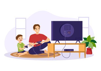 Video Game with Kids Playing Gamepad Controllers Fighting Console on Android Mobile Computer in Flat Cartoon Hand Drawn Template Illustration